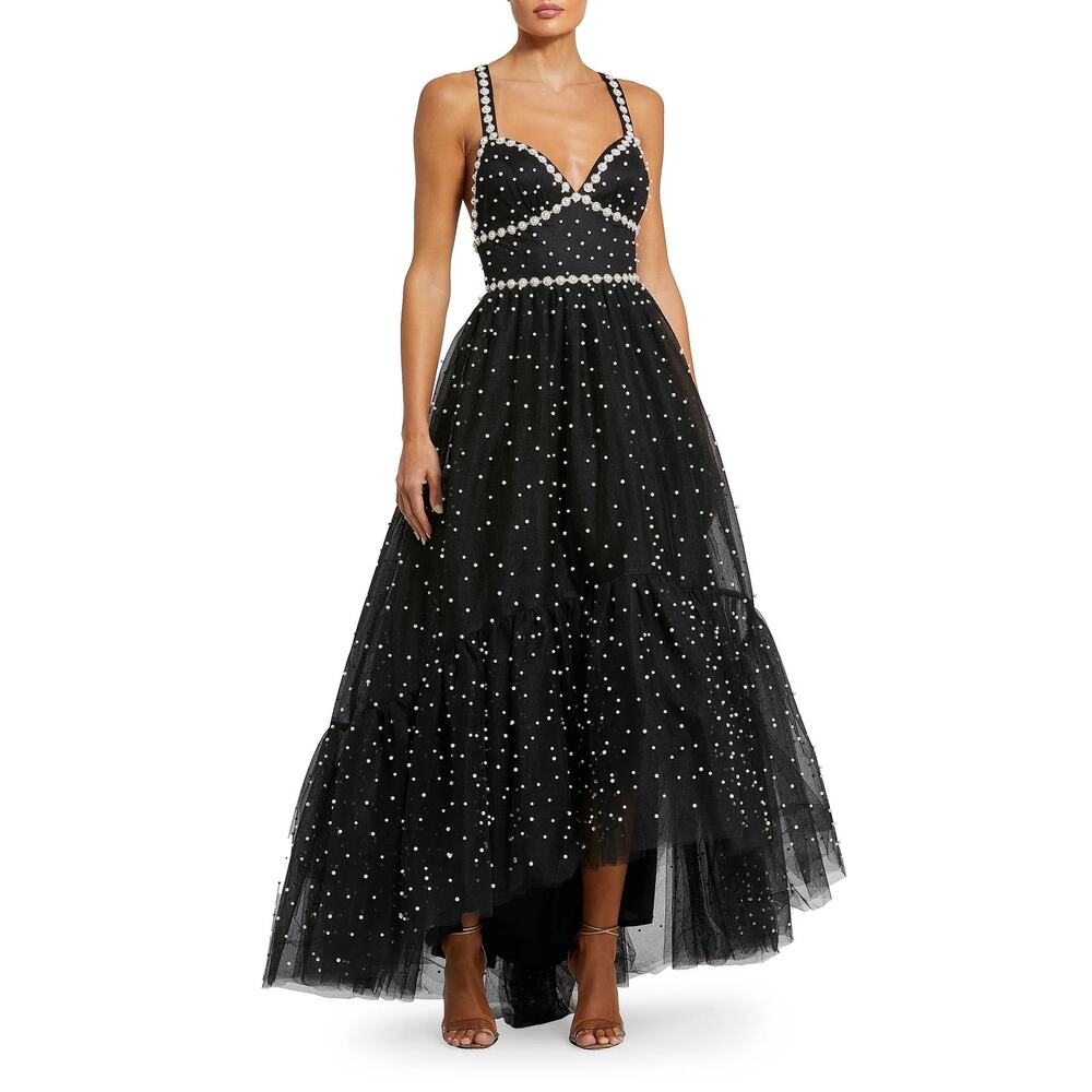 Mac Duggal Black Midi Dress with Pearl Embellishments - Picture 3 of 10